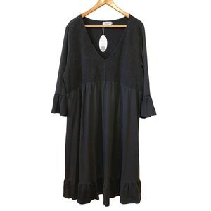 Coolmee Dress Sz 2XL Black Smocked V-Neck Ruffle Bell Sleeve Boho Goth NWT